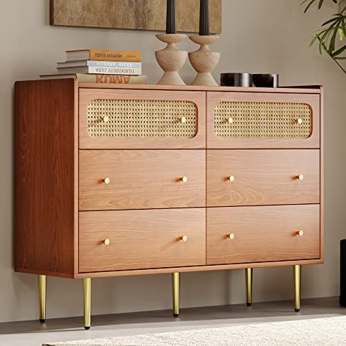 RIAZOS Schubladenkommode Kommode mit 6 Schubladen, Rattan Sideboard Highboard, für Wohnzimmer Schlafzimmer, Nussbaum H90/B120/T40 cm