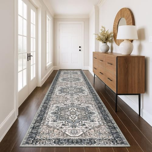 KOZYFLY Läufer für Flur, 90 x 300 cm, extra lang, waschbar, Kunstwolle, dünner Boho-Läufer, Teppich, bedruckter Eingangsbereich, für Schlafzimmer, Treppen, Küche, Wohnzimmer, Flur, Blau, Grau, Schwarz
