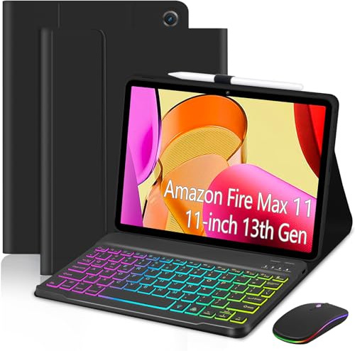 EAMPANG Case with Keyboard Mouse for Amazon Fire Max 11 inch (13th Generation, 2023 Release),7 Color Rainbow Backlit Detachable Type-C Charging Keyboard Magnetic Case Pen Holder 13th Gen Black