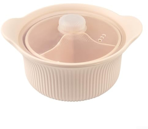 Tazón de vapor para microondas, olla de cocina de silicona con tapa para verduras, sopa, freidora de aire, utensilios de cocina compatibles, 22,8 cm (beige grande)