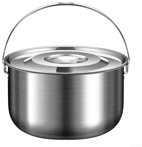 Edelstahl-Camping-Kochgeschirr mit Deckel und Griff, geeignet zum Wandern, Picknick, Schmoren, Kochen und Aufhängen über Feuer (6 l)