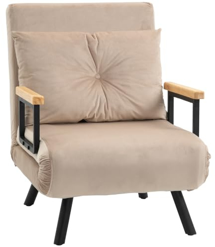 HOMCOM Poltrona Letto Singolo Schienale Regolabile 5 Livelli Beige | 4 in 1, Pieghevole, Divano Letto Singolo, Cuscino, Braccioli, Seduta Imbottita, in Velluto, Soggiorno, 63x73x81 cm