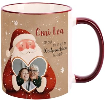 Herz & Heim® Personalisierte Weihnachtstasse mit Foto & Name – Weihnachtsmann-Motiv mit Herzrahmen – Fototasse aus Keramik 300 ml – Tasse als Geschenkidee zu Weihnachten für Familie & Freunde