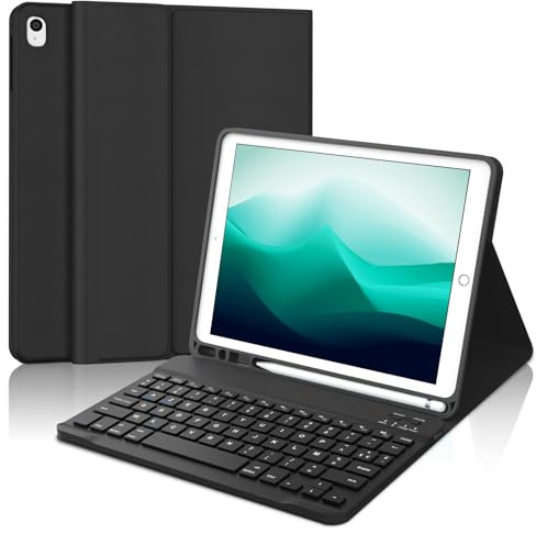 Coque Clavier pour iPad 9e/8e/7e Génération 10.2 Pouces, AZERTY Français Housse Clavier Bluetooth Détachable avec Porte Crayon pour iPad 2021/2020/2019 10.2/Air 3 2019/iPad Pro 10.5 2017, Noir