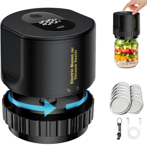 Kuisoe Mason Vakuumiergerät Elektrisch Tragbar, Einmachglas-Vakuumierkit mit EIN-Knopf-Bedienung für Weit-Normhals Gläser, inkl. Konservenöffner, Ideal für Camping Picknick Vorratshaltung (Schwarz)