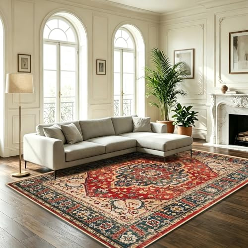 WUTONG Vintage Teppich Wohnzimmer 160x230 cm Rot,Orientalischer Teppich Waschbar rutschfest Kurzflor,Geeignet für Esszimmer und Jugendzimmer,Retro Boho