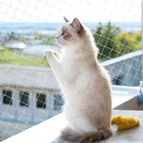 RICKMASK Red para Gatos Terraza, 4x3m SIN Taladro Red Gatos Ventanas Seguridad Transparente para Redes Protección Malla Gatos para Balcones, Ventanas, Tragaluces y Puertas (4×3M)