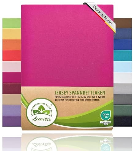 leevitex® Jersey Spannbettlaken, Spannbetttuch 100% Baumwolle ca. 150 g/m² MARKENQUALITÄT ÖKOTEX Standard 100 (Pink, Premium 200x220 Wasserbetten, Boxspringbetten)