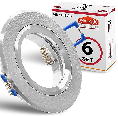 Maxkomfort 6x Hochwertiger Einbaustrahler Aluminium-gebürstet für MR16 LED GU10 Fassung 230V rund Einbauleuchte Einbauspot Rahmen Rostfrei Deckenspot Strahler Spot Aluminium 5105
