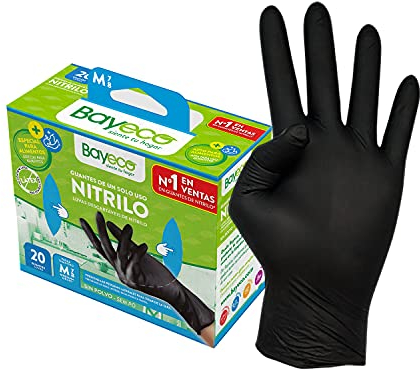 Bayeco - Gants à usage unique en nitrile - Couleur noire - Ambidextres - Doigts texturés pour une meilleure prise en main - Finition bordure enroulée - Pack distributeur de 20 unités - Taille M