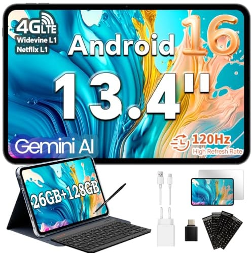 TECLAST T65 13.4 120Hz Android16 4G Lte, 2.2GHz 26GB+128GB con 8 Accessori | Doppio SIM/Widevine L1 1080P/13MP/5G WiFi/TF 4TB/BT5/GPS/OTG/con Tastiera+Custodia+Penna+Adesivi tastiera