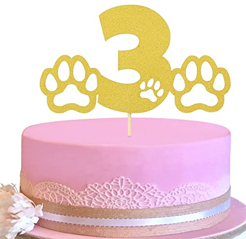 Gold Paw 3th Cake Topper - Gold Glitter 3 Birthday Cake Topper, Dog Theme Birthday Party Cake Decoration Supplies, 3rd Birthday Cake Sign, Happy Birthday To You (gold)