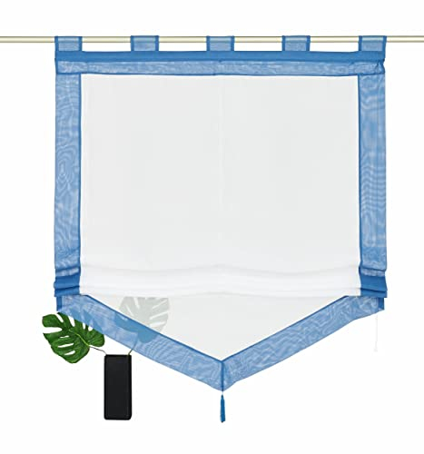 Devola Voile transparent Scheibengardinen mit zweifarbigen Design mit Quaste Fenster Gardinen Panneaux mit Tunnelzug Gardine HxB 140x80cm Blau 1er Pack