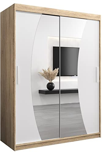 MEBLE KRYSPOL Wave 150 Schlafzimmerschrank mit Zwei Schiebetüren, Spiegel, Kleiderstange und Regalen – 150x200x62cm - Sonoma + Mattweiß