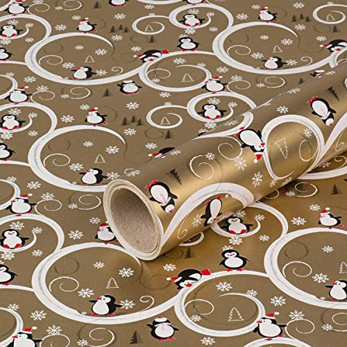Geschenkpapier Lustige Pinguine, Gold, Weihnachtspapier, 0,70 x 10 m