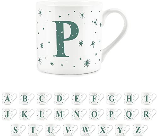 Letter P Star Mug - Bone China White Coffee/Tea Present Gift - Alphabet Letter Mug with Stars in Teal Green Blue