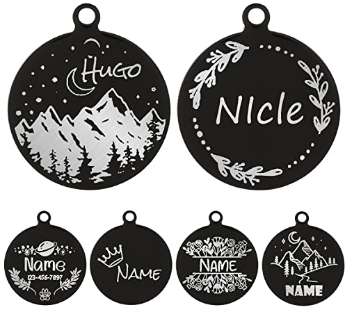 Engraved Dog Tag Stainless Steel Dog ID Tag Personalized Dog Tags Engraved For Pets, Cute Cat & Dog Name Tags Custom Pattern Engraved Round Black