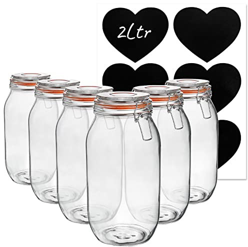 Argon Tableware Glass Storage Jars with Labels - Vintage Food Preserving Container - Clip Lid - 2 Litre - Orange, White, Clear & Black Seals - Pack of 6