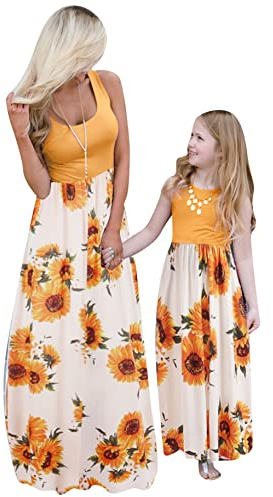 Yming Mutter und Tochter Casual Maxikleid Boho Ärmellos Kleid Bedruckt Skater Kleid Gelbe Blume M