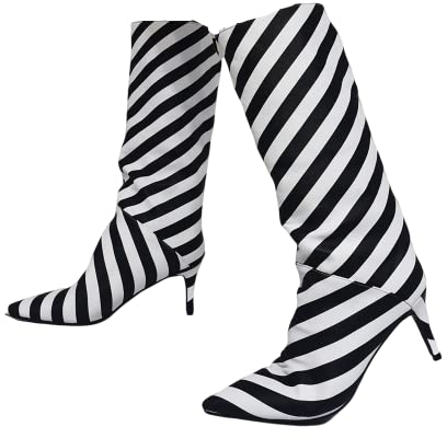 Frankie Hsu Stilista fatto a mano Nero Bianco Zebra Stampa Donna Grande Formato Cuoio Sintetico Gattino Tacchi a spillo Stivali al ginocchio con tacco alto, nero, 42.5 EU