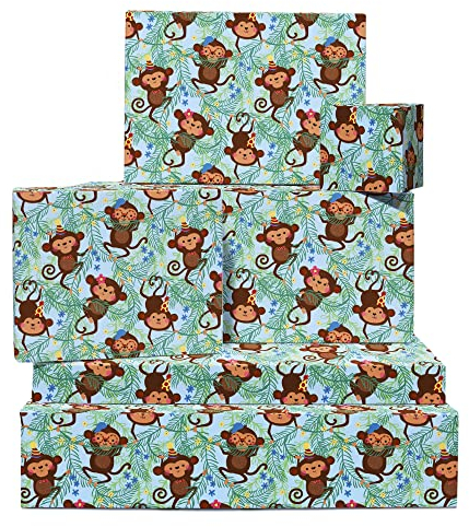 Geschenkpapier Geburtstag Kinder 6 Blatt Tier Geschenkpapier Affe Safari Dschungel für Jungen und Mädchen Kommt mit lustigen Aufklebern Recycelbar by Central 23