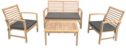Happy Garden Gartenmöbel GOA aus Akazienholz mit grauen Kissen. Outdoor-Set aus Sofa, Sessel und Couchtisch für 4 Personen.