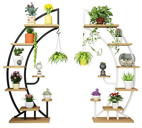 6 Tier Metal Plant Stand Rack Shelf Creative Half Moon Shape Ladder Flower Pot Stand Rack For Home Patio Lawn Garden Balcony Holder Log (2 Sets),Black+white+lightwalnut