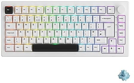 Akko 5075B Plus RGB Mechanical Gaming Keyboard, ISO-UK Layout, 3 Modes (BT5.0/2.4Ghz/Type C) Compact Keyboard with Hotswap, Cherry Profile PBT Keys, Programmable (Black White, Tactile Switch)