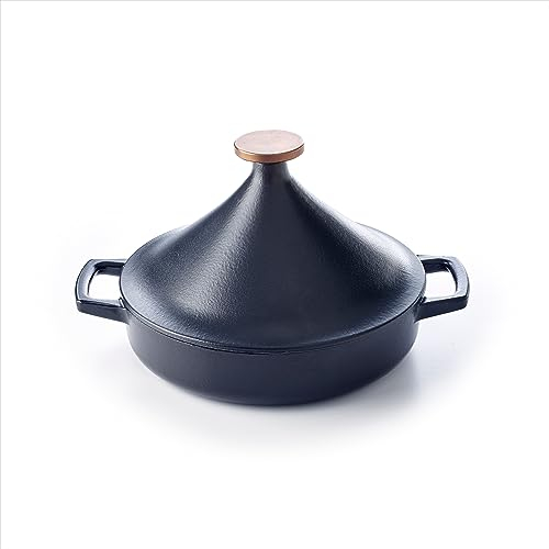 Alva Nori Enameled Cast Iron Tagine Pot - 3 Qt./11 Scratch Resistant Non-Toxic PFAS, PFOA & PTFE Free, Seasoned Tajine Moroccan Pot, Bronze Gold Knob, Oven-to-Table Cookware Dish, Oven Safe - Black