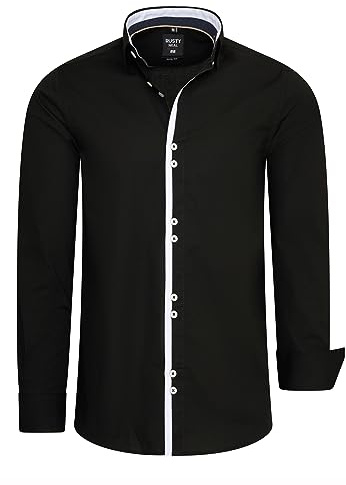 Rusty Neal Herren Premium Freizeit-Hemd mit Doppel-Knopf-Verschluss Stretch Langarm Hemden Slim Fit 029, Farbe:Schwarz, Größe S-3XL:XXL