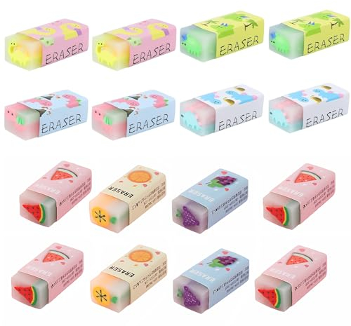 TECKI 16 Stück Kawaii Radiergummi, Weich, mit Obst- und Dinosaurier-Motiven, Kawaii-Schulbedarf, Duftende Radierer, Gadgets zur Korrektur von Fehlern