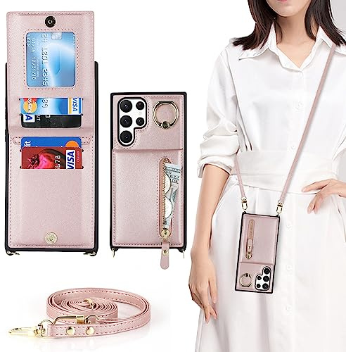 CAVOR Handykette Handyhülle Kompatibel mit Samsung Galaxy S22 Ultra Hülle Mit Band,Flip Leder Geldborse Hülle,[4 Kartenfach][Mit Ring][Tasche mit Zipper‌],Handytasche zum Umhängeband - Rose Gold