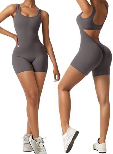 Vertvie Damen Jumpsuit Kurz Eng Scrunch Butt Bodysuit Sexy Rückenfrei Ärmellose Playsuit Stretch Sport Overall One Piece Ganzkörperanzug Romper Yoga Fitness Workout (Grau,M)