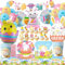 IXOKEV 101 PCS Osterhase Partyteller Set, Partygeschirr Ostern, Oster Geburtstagspartyzubehör, Ostern Hase Ostereier Happy Easter Pappteller Becher Servietten Ballon