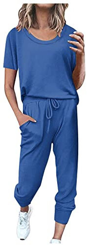 EMATOP prime angebote Sportanzug Damen Sommer Kurzarm Tracksuit Casual Baumwolle Trainingsanzug 2 Teilig Einfarbig Jogginganzug Lose T-Shirt Top und Hose Freizeitanzug Taschen Sportswear