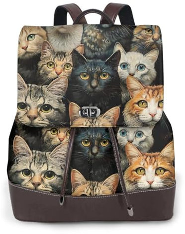 SSIMOO Leder-Rucksack mit Katzenmotiv, modische Doppelschultertasche mit Metallschnalle, Klappdeckel, Schwarz, Einheitsgröße