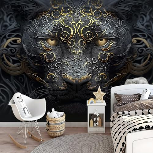 Photo Wallpaper Gold Eyes Black Leopard 200 x 140 cm Non-Woven Premium Art Print Fleece Wall Mural Decoration Poster Design Photo Mural for Child Bedroom TV Background Wall Decor