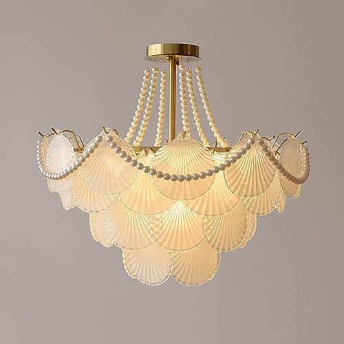Französischer Landhaus-Muschel-Kronleuchter, nordisches Schulhaus, weißes Kristallglas für Esstisch, 4-lagige Perlen, skandinavischer moderner Küsten-Kronleuchter, Leuchte für Wohnzimmer, Mädchen