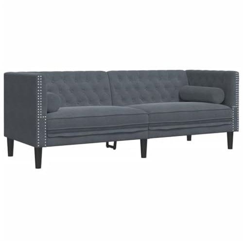vidaXL Chesterfield Sofa mit Nackenrollen 3-Sitzer, Couch mit Armlehnen Rückenlehne Stützbeine, Polstersofa für Wohnzimmer, Couchgarnitur, Dunkelgrau Samt