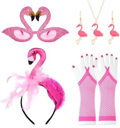 Haarreif Flamingo,Flamingo Kostüm Damen,Kopfschmuck Flamingo Hut Hawaii Haarschmuck Flamingo Brille Handschuhe Flamingo Halskette Flamingo Ohrringe für Verkleidung,Mottoparty,Karneval,Fasching Kostüm