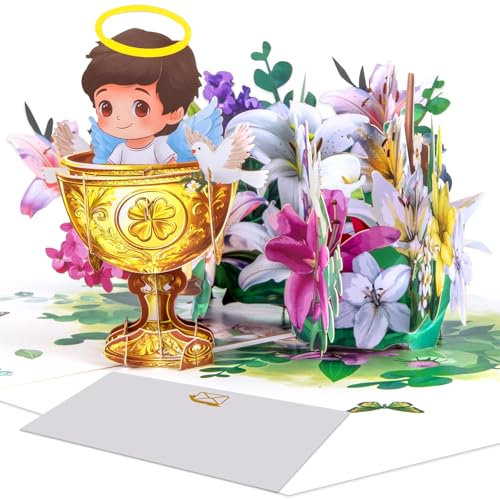 Taufe 3D Pop Up Karte für Jungen - Grußkarte zur Taufe mit Engel, Tauben, Blumen und edlen Golddetails - Taufgeschenk und Feier für Baby Jungen