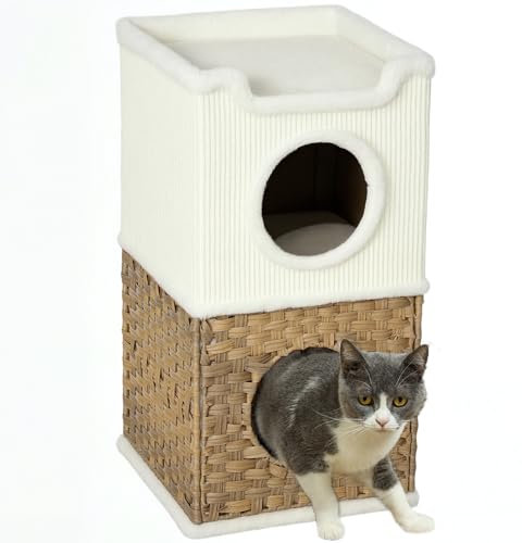 PawHut Niche pour Chat d'intérieur à 3 Niveaux, Tour pour Chat avec Un Plateau supérieur Ouvert, tonneau à gratter en sisal pour Animaux de Moins de 6 kg, 41 x 41 x 75,5 cm, crème