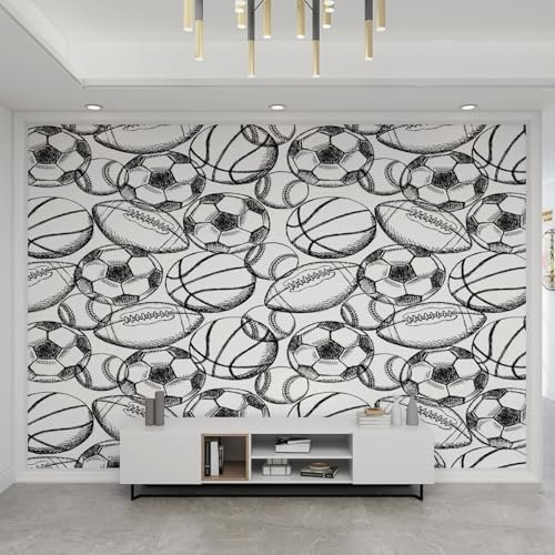 YEMYOR Sports Ball Wallpapers, Hand Drawn Football and Basketball Murals, Black and White Tennis Murals, Wall Stickers, for Living Room Bedroom-450x300cm