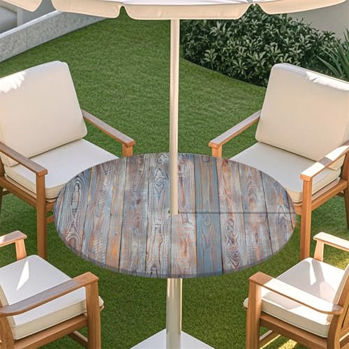 Odot Elastische Tischdecke Runde Outdoor mit Loch und Reißverschluss Holzmaserung Wasserdicht Abwaschbar Tischtuch Tischdecke Outdoor Wetterfest Gartentischdecke für Party Café (Grau,M:91-112cm)