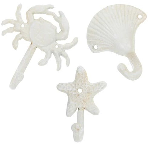 SHINEOFI 3PCS Vintage Cast Iron Wall Hooks Beach Ornaments for Bathroom Bedroom Kitchen Decor Unique Aesthetic Sturdy Decorative Key Craft Hanging