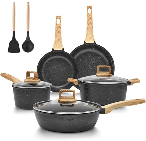 BLAZANT Juego de ollas de inducción, juego de ollas de granito de 10 piezas, juego de sartenes antiadherentes con tapa, juego de ollas y sartenes de aluminio para todo tipo de cocinas, sin PFAS