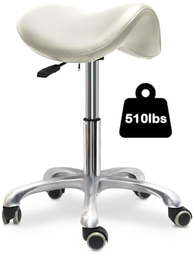LIMKOMES Tabouret de selle avec roulettes, tabouret roulant, fauteuil roulant ergonomique pivotant avec levage hydraulique réglable en hauteur pour bureau, massage médical, salon de rédaction (blanc)