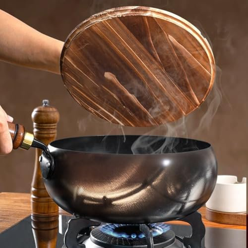 Zeroupshop Padella in ferro forgiato a mano tradizionale grande pancia wok non rivestita in metallo padella da cucina per cucina domestica (pentola da 28 cm + coperchio in vetro L)
