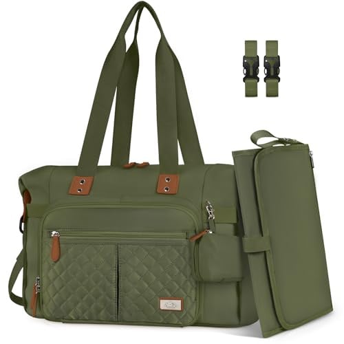 RAINSMORE Bolsa Cambiadora de Pañales para Bebé Impermeable Bolso Carro Bebe para Mamá y Papá con Soporte para Chupete y Cambiador Portátil Verde