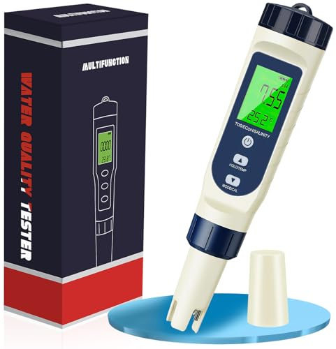 PH Mètre Électronique 5 en 1, PH/TDS/EC/Salinité/Thermomètre, Testeur de pH pour Piscine avec Écran LCD et Compensation Automatique de Température, Testeur d’Eau pour Piscines, Eau Potable, Hydroponie